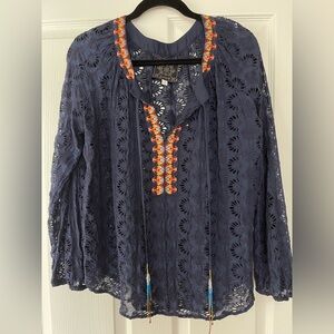 Johnny Was Jade Long Sleeve Embroidered Eyelet Blouse in Navy Sz. Small